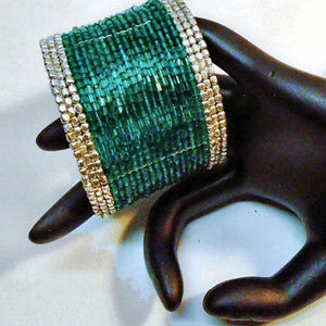 Beautiful Teal Glass Cylinder beaded Cuff Bracelet